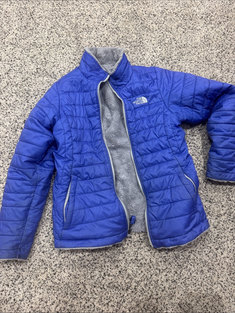 The North Face Royal Blue Reversible Puffer Jacket with Gray Fleece